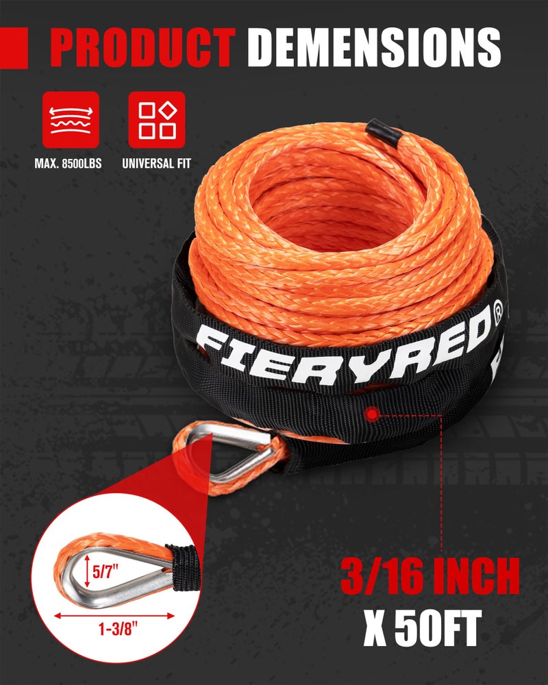 FieryRed 3/16â€ Winch Rope Cable,50 FT 8500 LBS ATV/UTV Synthetic Winch Rope, Winch Line Replacement with Protective Sleeve Suits for 2000 to 3500 LBS Winch, Orange/Black/Grey Available - Image 2